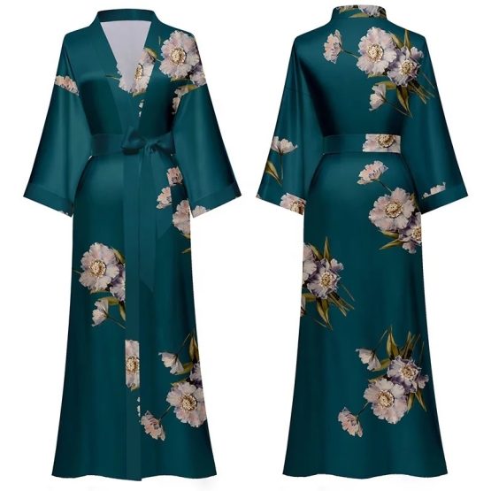 Kimono satijn groen met bloemen design